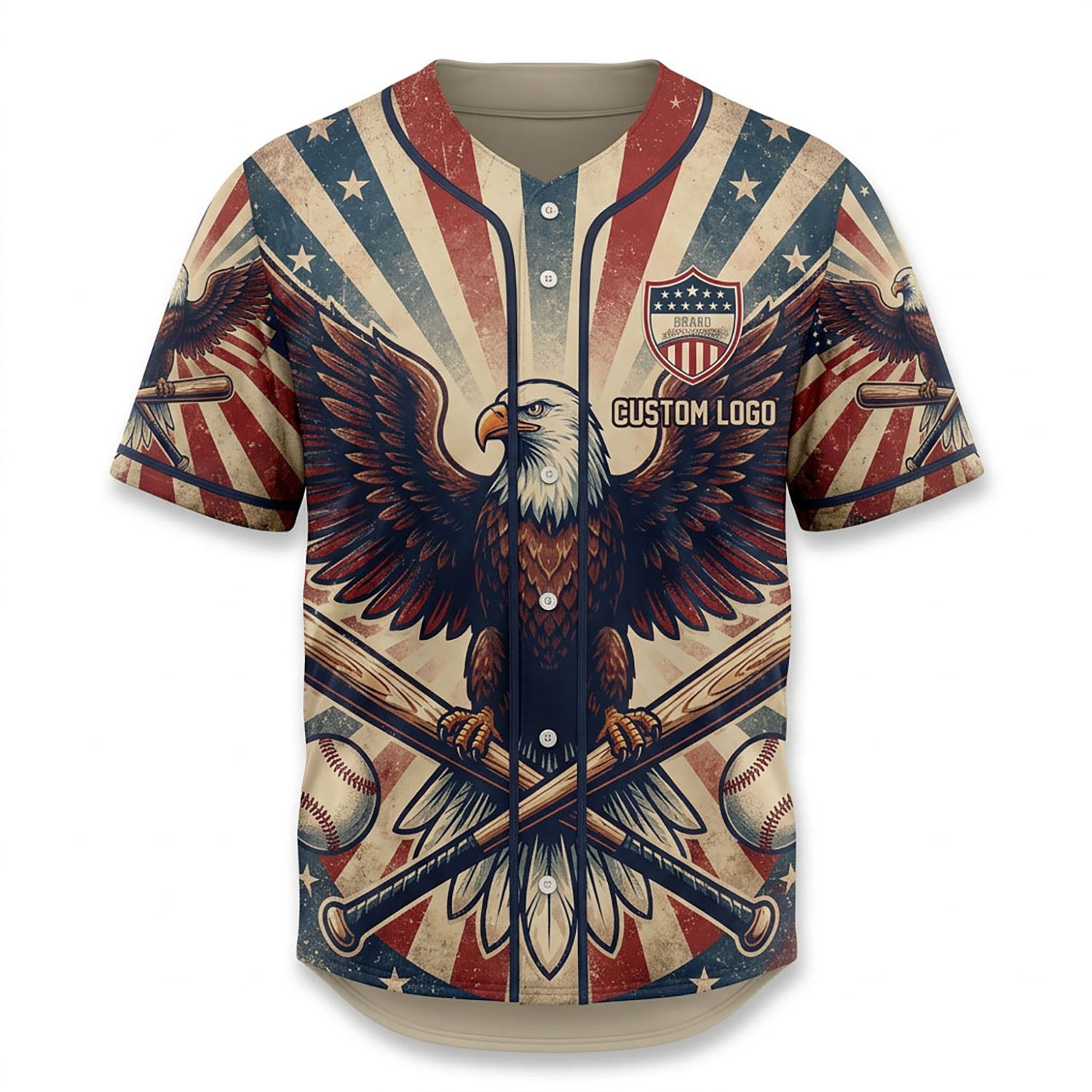 Full apparel view of a custom patriotic baseball jersey featuring an eagle emblem and American colors