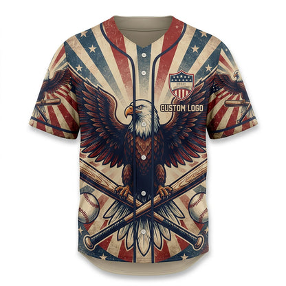 Full apparel view of a custom patriotic baseball jersey featuring an eagle emblem and American colors