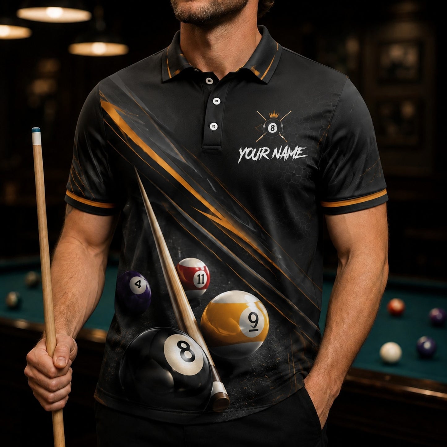Custom Pool Team Name Billiard Polo Shirt Front View