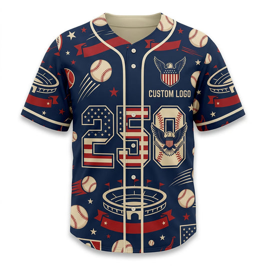 Full view of a custom baseball jersey featuring a stadium graphic and patriotic American design