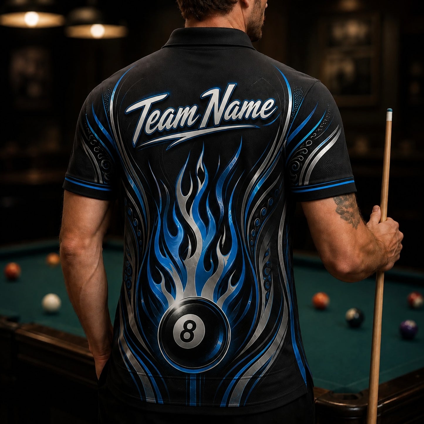 Custom Team Name 8 Ball Billiard Polo Shirt Back View