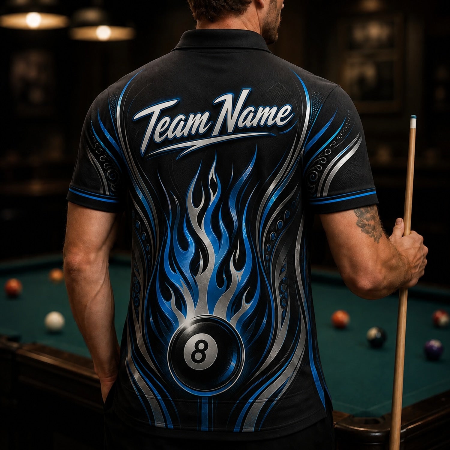 Custom Team Name 8 Ball Billiard Polo Shirt Back View