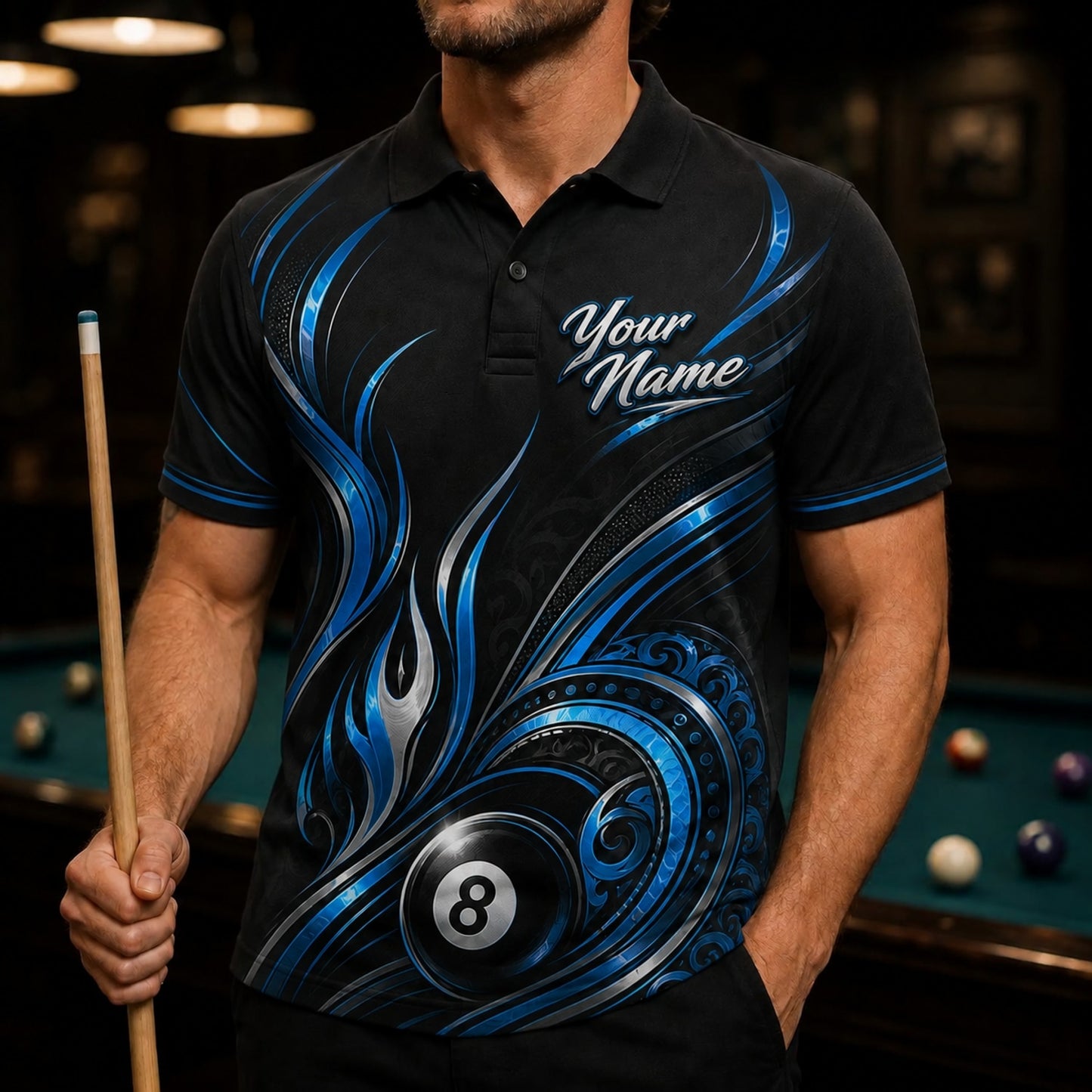 Custom Team Name 8 Ball Billiard Polo Shirt Front View