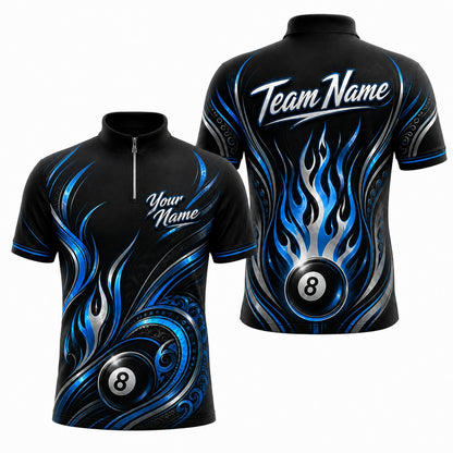 Custom Team Name 8 Ball Billiard Polo Shirt Jersey Zip 1 4 Collar