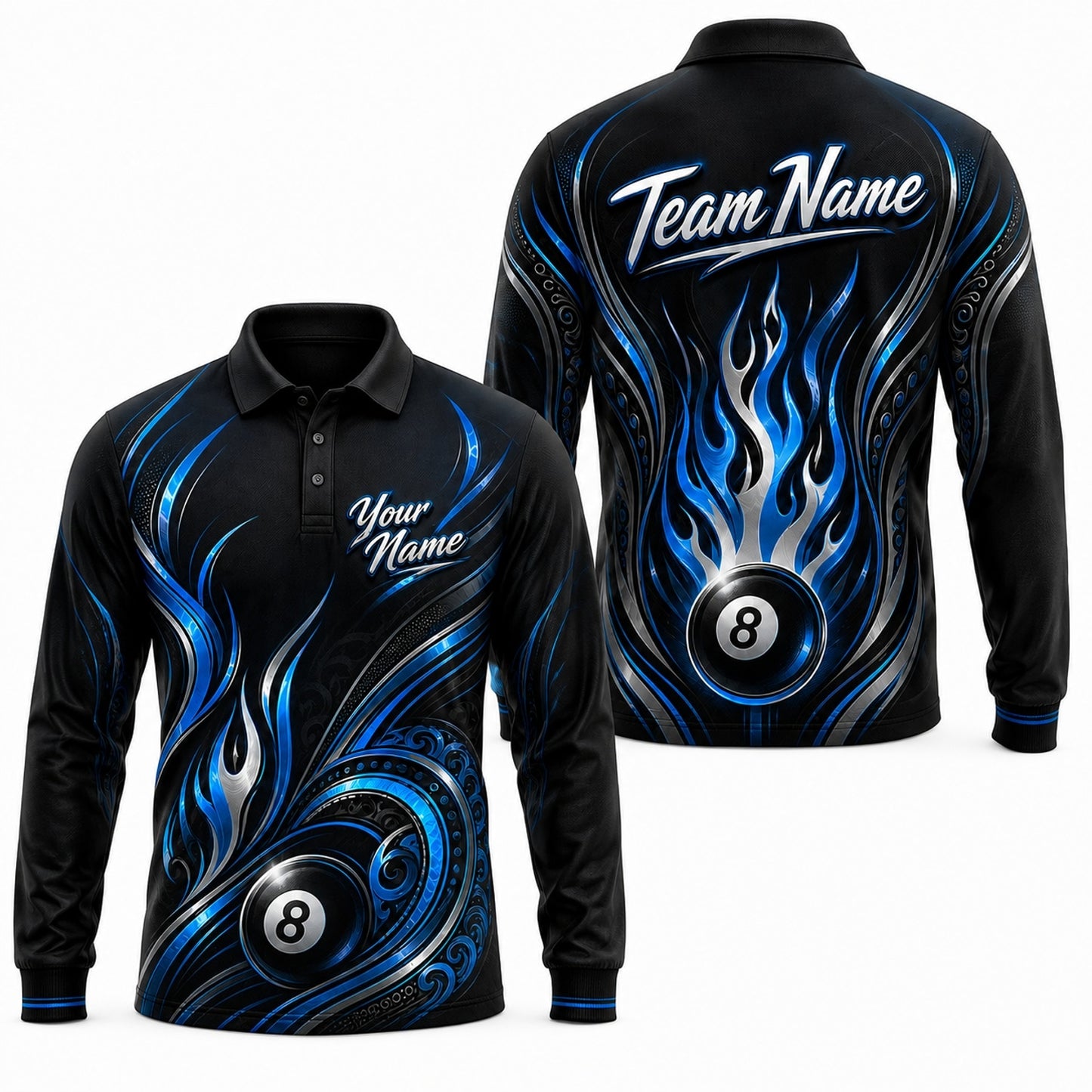 Custom Team Name 8 Ball Billiard Polo Shirt Long Sleeve Polo
