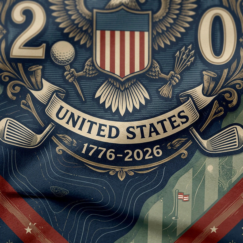 Detailed close-up of the vintage United States 1776-2026 banner, crossed golf clubs, stars circle, and eagle crest emblem sublimation print.
