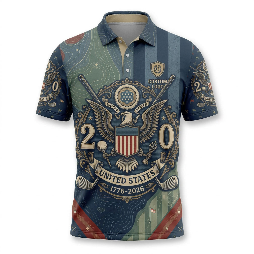 Professional flat lay view of the custom United States 1776-2026 patriotic eagle golf polo shirt showcasing the central shield graphic.