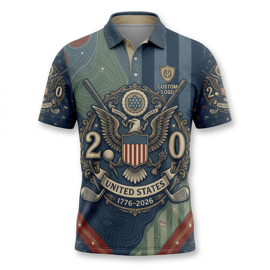 Professional flat lay view of the custom United States 1776-2026 patriotic eagle golf polo shirt showcasing the central shield graphic.