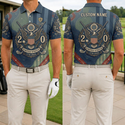 Front and back view of the custom United States 1776-2026 patriotic eagle golf polo shirt showing the official emblem over topography and stripes.