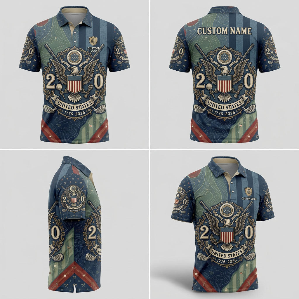Four-angle presentation grid showing front, back, and side profiles of the personalized 1776-2026 United States patriotic golf polo shirt.