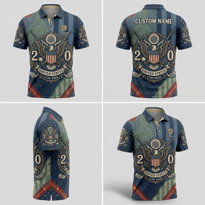 Four-angle presentation grid showing front, back, and side profiles of the personalized 1776-2026 United States patriotic golf polo shirt.