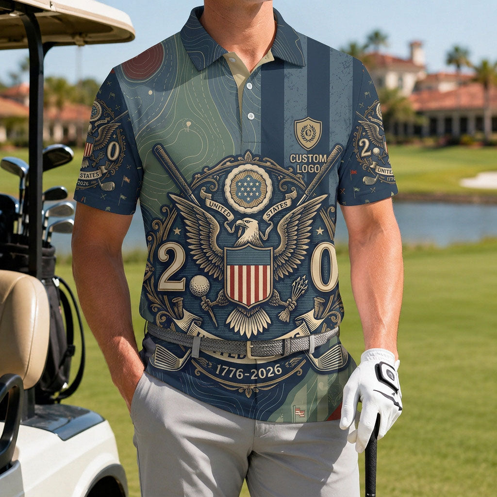 A male golfer on the course wearing the custom United States 1776-2026 patriotic eagle golf polo shirt next to his golf cart.