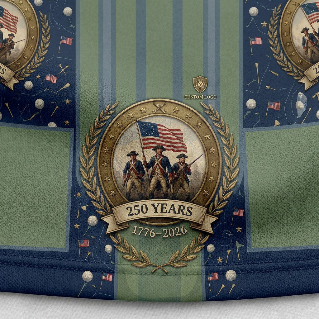Close-up of the historical 250 Years 1776-2026 badge graphic and premium breathable mesh on the patriotic golf polo shirt.