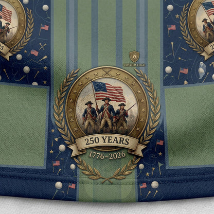 Close-up of the historical 250 Years 1776-2026 badge graphic and premium breathable mesh on the patriotic golf polo shirt.
