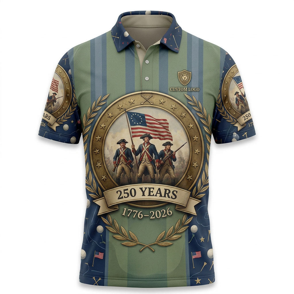 Flat lay view of the custom USA 250 Revolutionary War 1776-2026 golf polo shirt displaying the detailed revolutionary soldier emblem.