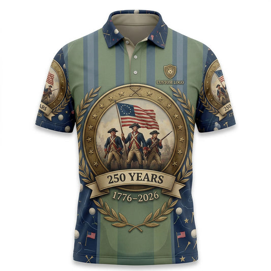 Flat lay view of the custom USA 250 Revolutionary War 1776-2026 golf polo shirt displaying the detailed revolutionary soldier emblem.