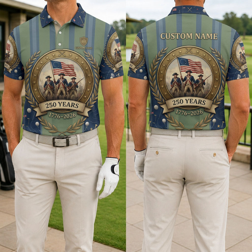 Front and back view of the custom USA 250 Revolutionary War 1776-2026 golf polo shirt showing the colonial soldier medallion and vertical stripes.