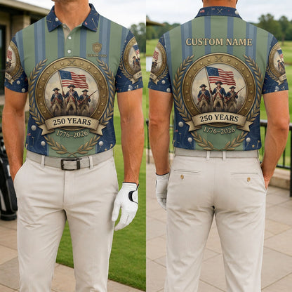 Front and back view of the custom USA 250 Revolutionary War 1776-2026 golf polo shirt showing the colonial soldier medallion and vertical stripes.
