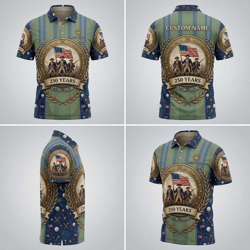 Multi-angle presentation grid showing front, back, side, and profile views of the personalized 1776-2026 Revolutionary War golf polo shirt.