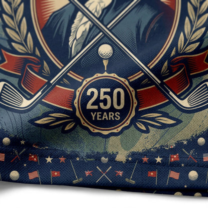 Detailed close-up of the historical 250 Years medal, crossed golf clubs, and miniature American flag patterns on the sublimation print.