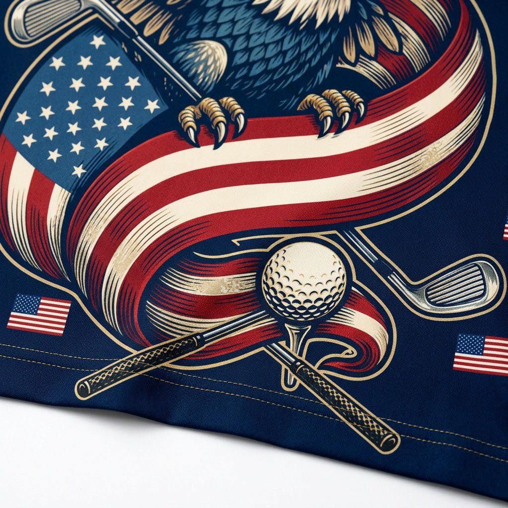 Detailed close-up of the vibrant sublimation print featuring a golf ball on a tee, golf clubs, and the stars and stripes pattern.