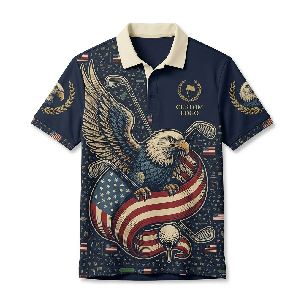 Professional flat lay view of the custom USA American flag eagle patriotic golf polo shirt showcasing the bold central eagle graphic.
