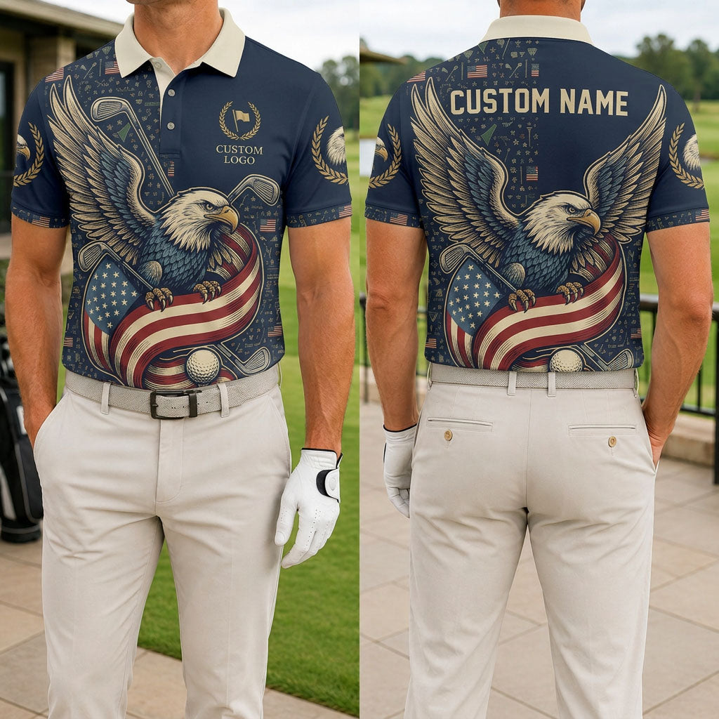 Front and back view of the custom USA American flag eagle patriotic golf polo shirt showing the majestic eagle holding an American flag ribbon.
