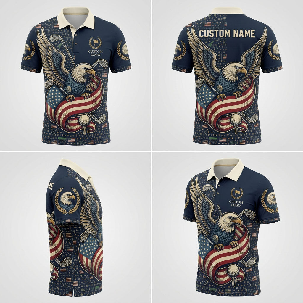 Four-angle presentation grid showing front, back, and side profiles of the personalized patriotic American eagle golf polo shirt.