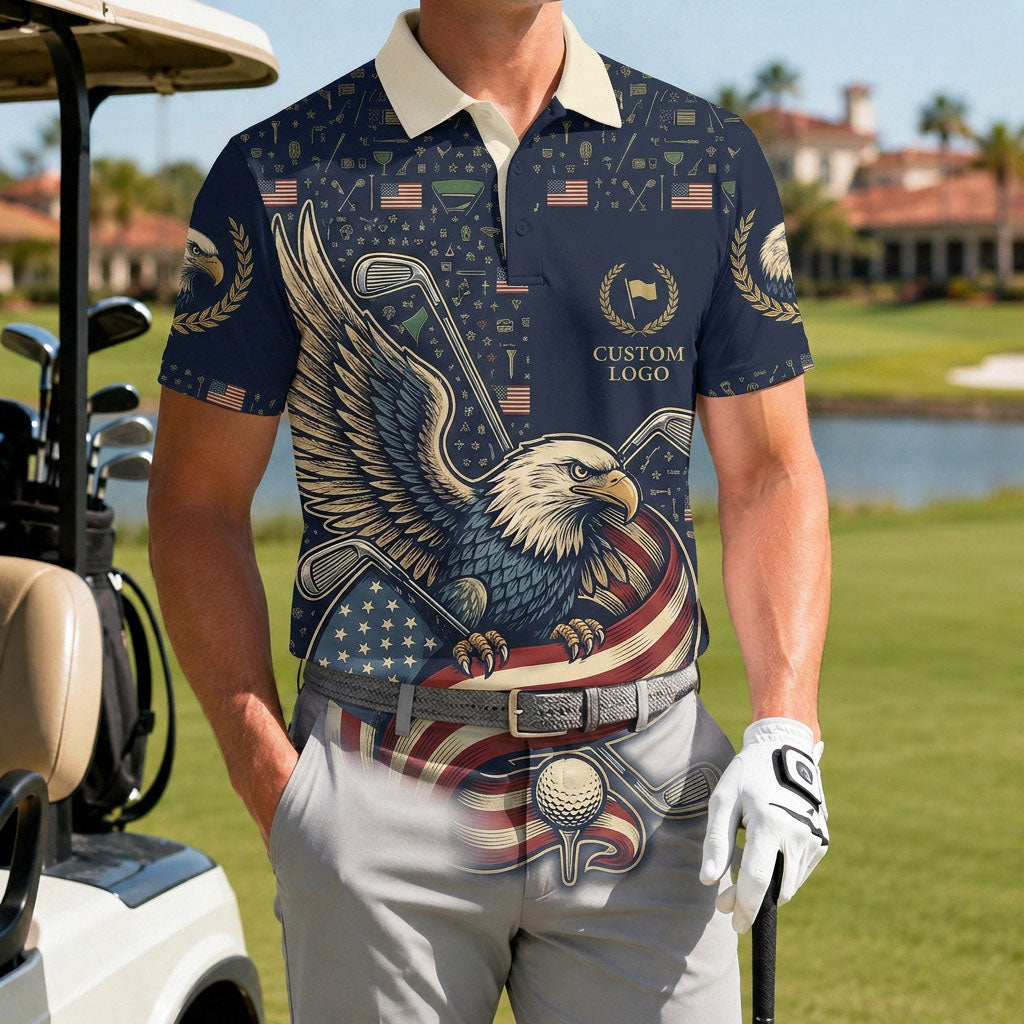 A male golfer on the course wearing the custom USA American flag eagle patriotic golf polo shirt next to his golf cart.