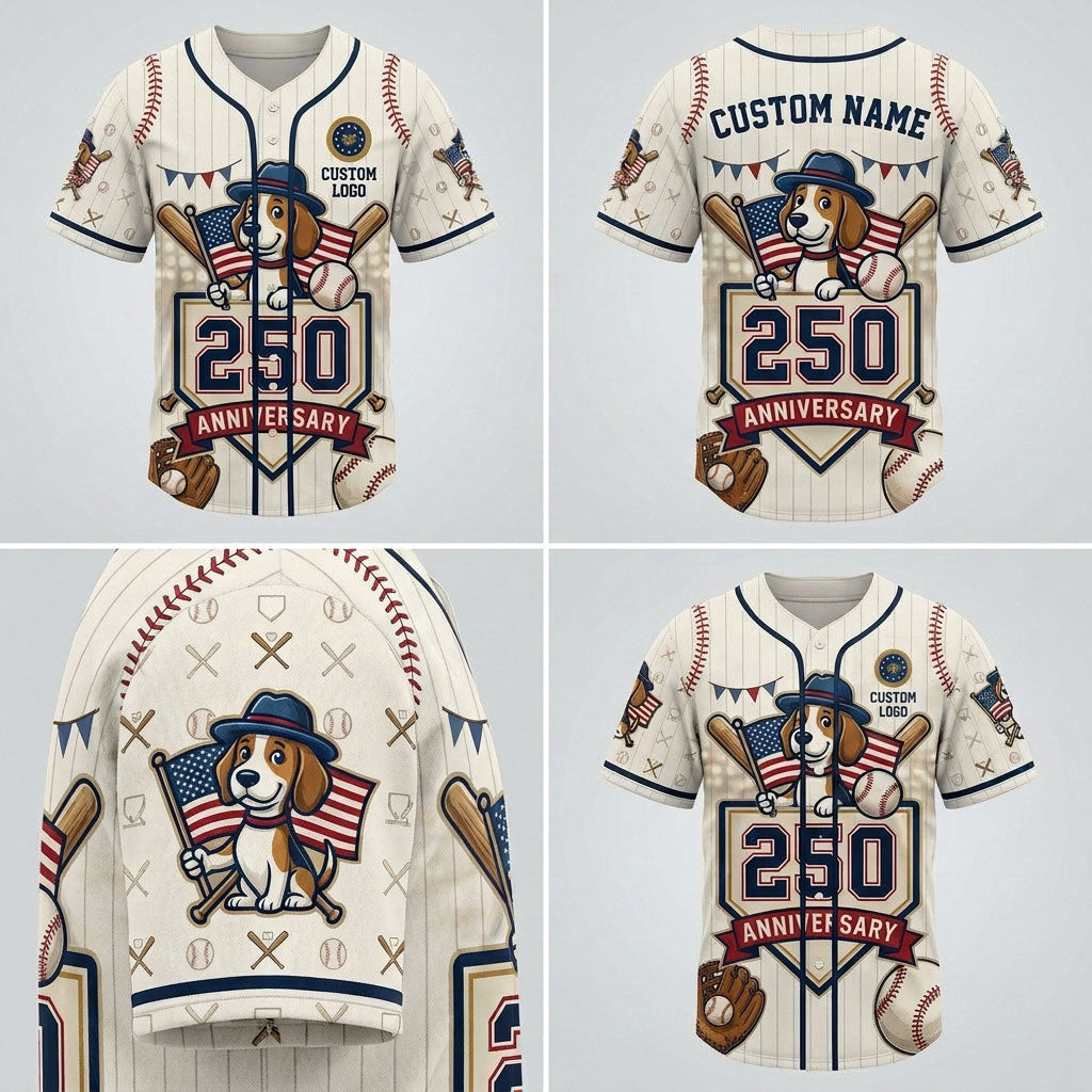 Four-way product presentation template showcasing the front, back, side print profile, and angled view of the cream patriotic dog jersey.
