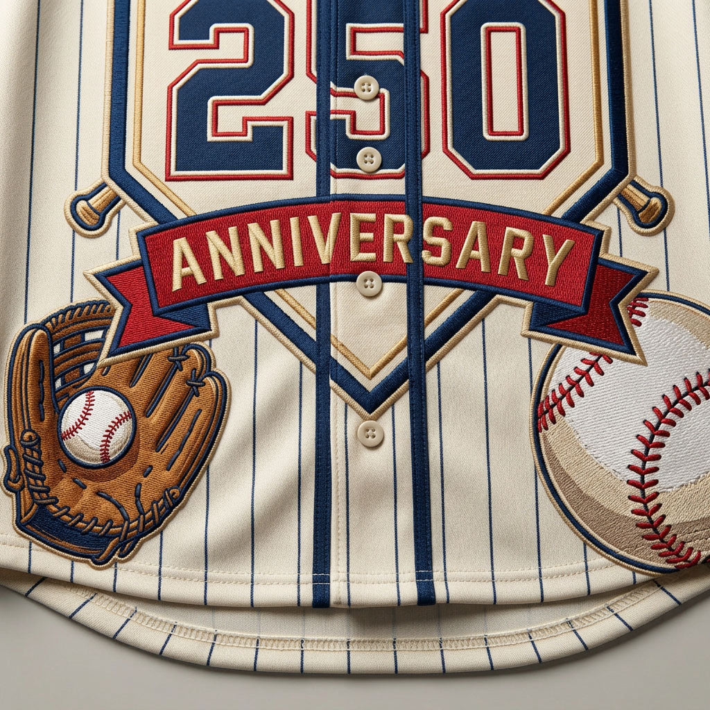 Extreme close-up of the lower front print on the cream jersey showing the detailed 250 Anniversary ribbon, a brown leather glove, and a baseball.