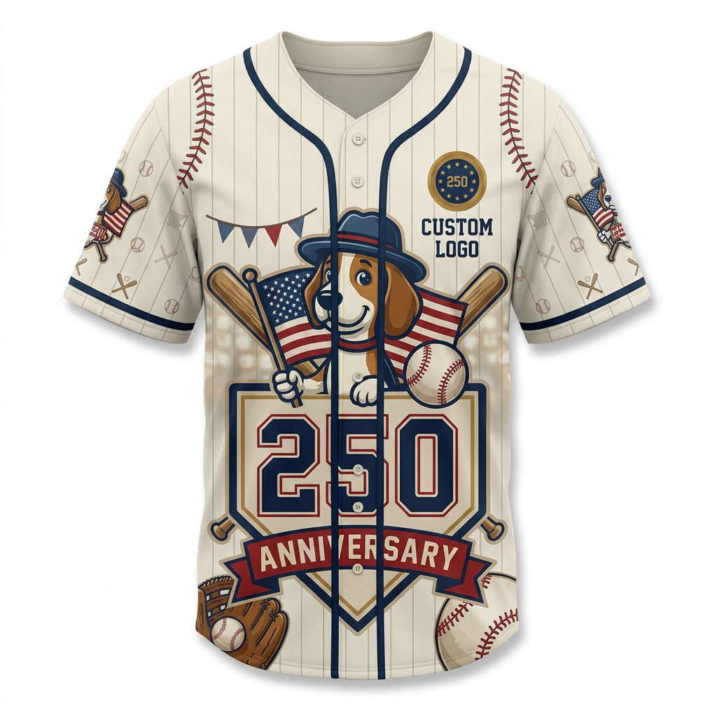 Premium flatlay of the custom cream beagle dog USA anniversary baseball jersey isolated on a solid white background for store display.