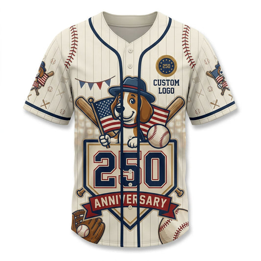 Premium flatlay of the custom cream beagle dog USA anniversary baseball jersey isolated on a solid white background for store display.