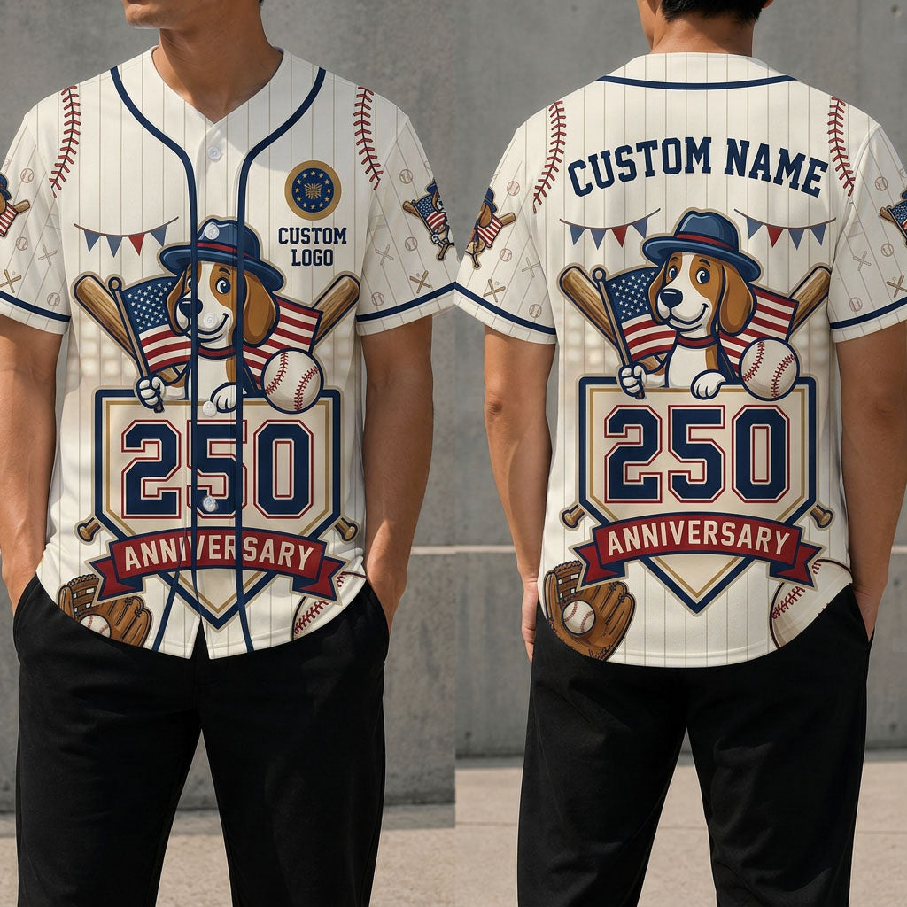 Front and back view of a cream pinstripe USA 250th anniversary baseball jersey featuring a cute cartoon beagle dog holding an American flag.