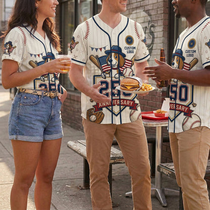 A diverse group of friends hanging out and eating lunch outdoors while wearing matching cream pinstripe beagle dog USA anniversary jerseys.