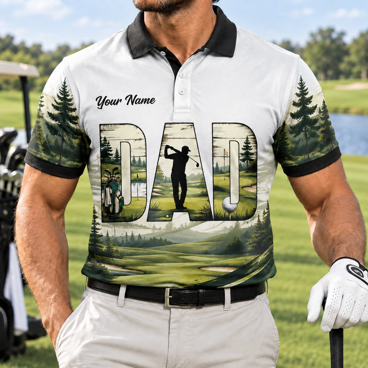 Dad Golfer Silhouette Sport Personalized Golf Polo Shirt Front View