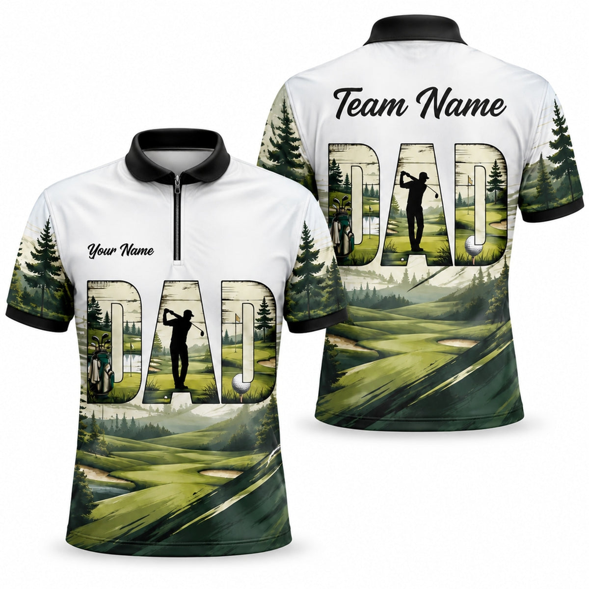 Dad Golfer Silhouette Sport Personalized Golf Polo Shirt Jersey Zip 1 4 Collar
