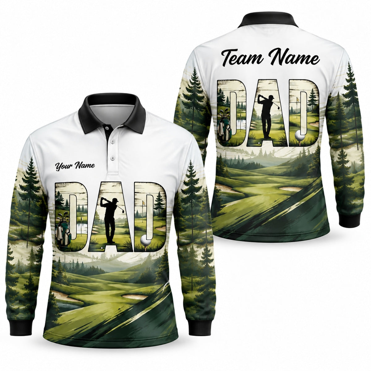 Dad Golfer Silhouette Sport Personalized Golf Polo Shirt Long Sleeve Polo