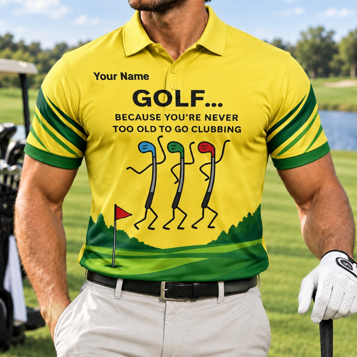 Dancing Golf Clubs Graphic Personalized Golf Polo Shirt Front View