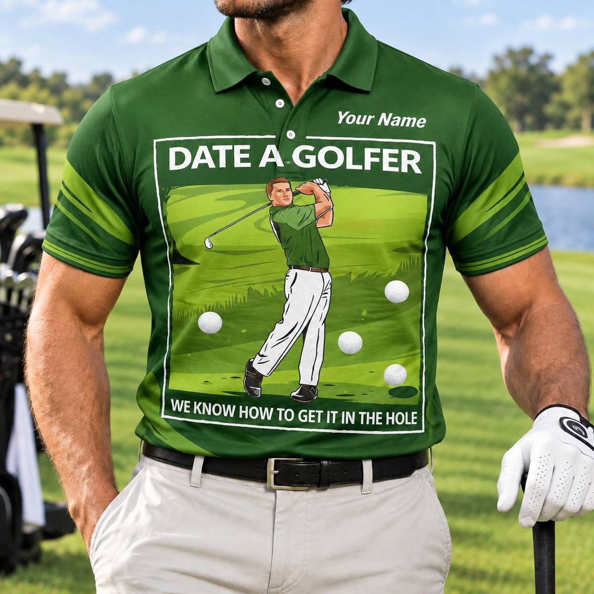 Date A Golfer Typography Personalized Golf Polo Shirt Front View