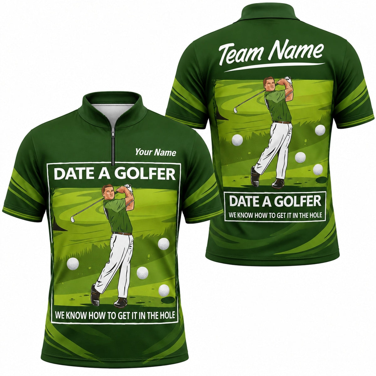 Date A Golfer Typography Personalized Golf Polo Shirt Jersey Zip 1 4 Collar