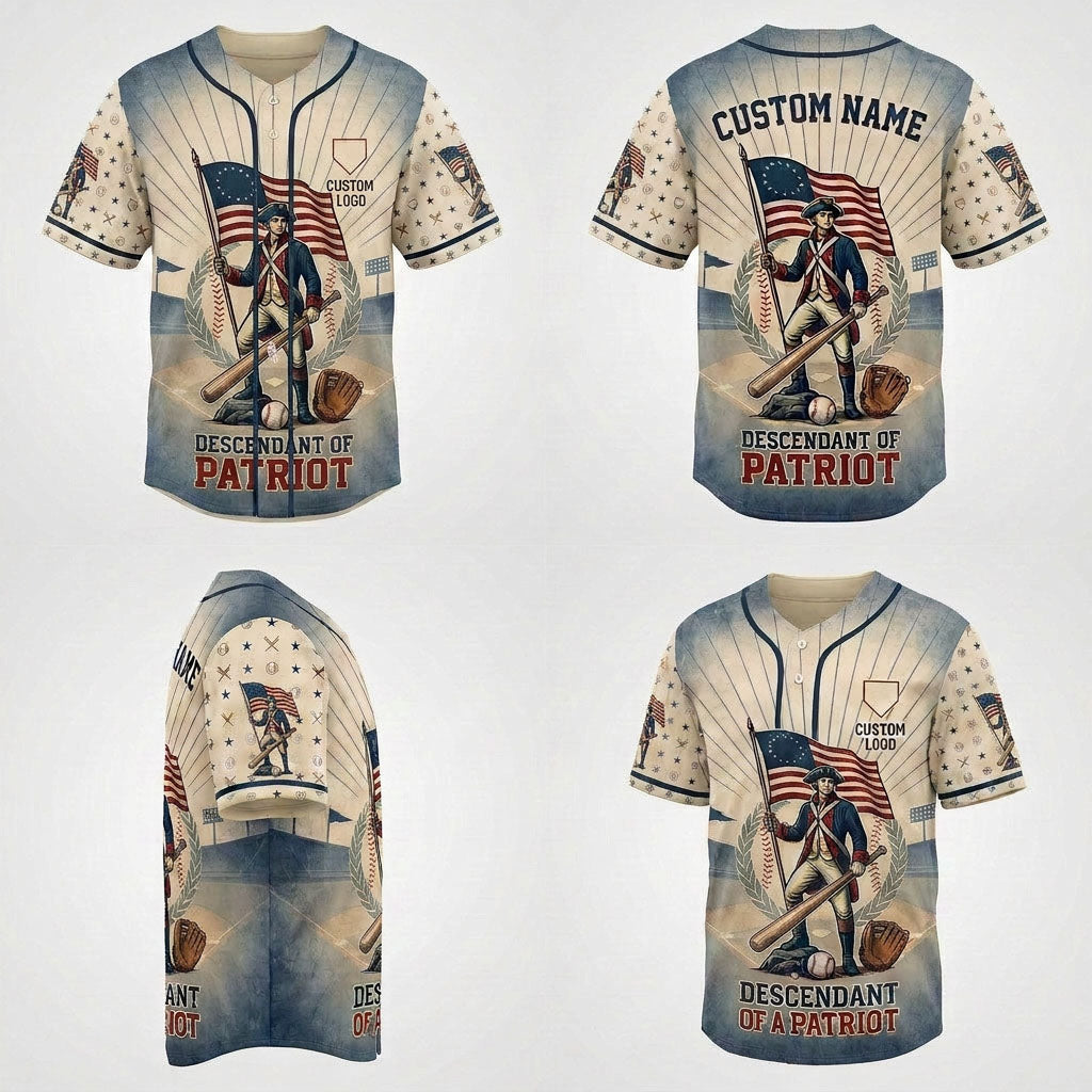 Product grid showing multiple views of the Descendant of Patriot baseball jersey