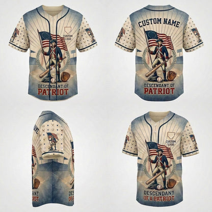 Product grid showing multiple views of the Descendant of Patriot baseball jersey