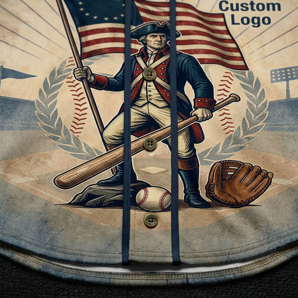 Detailed closeup of the patriotic soldier graphic and button-down detail