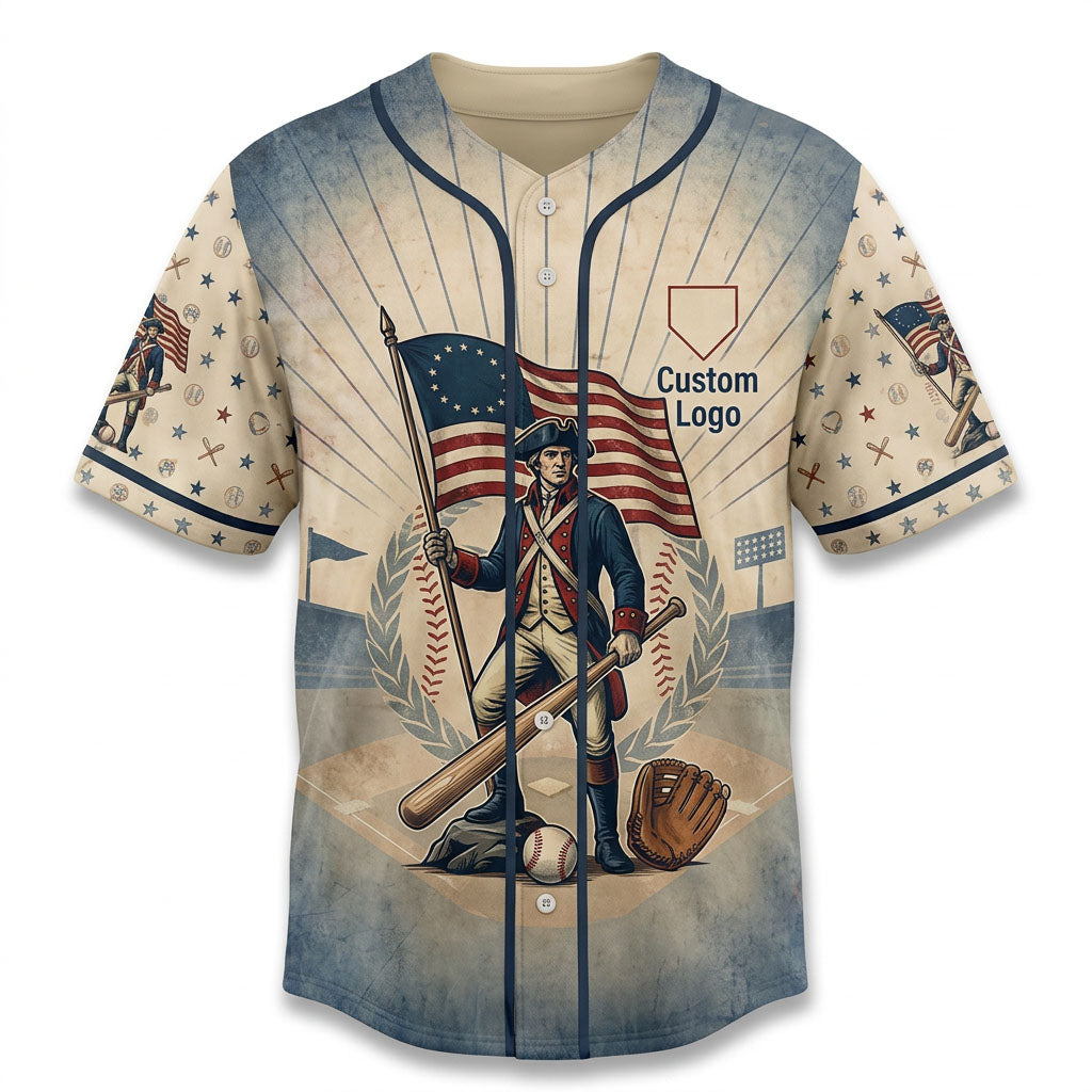 Flatlay presentation of the vintage-style Descendant of Patriot baseball jersey