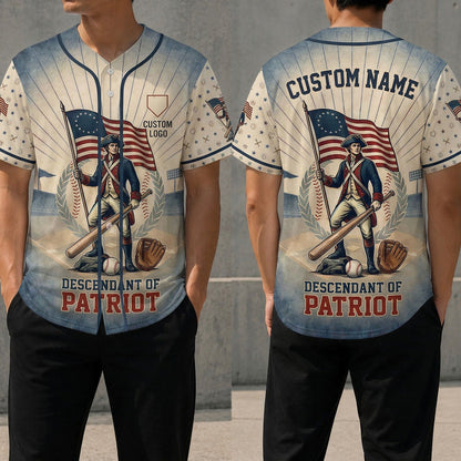 Front and back view of the custom Descendant of Patriot baseball jersey