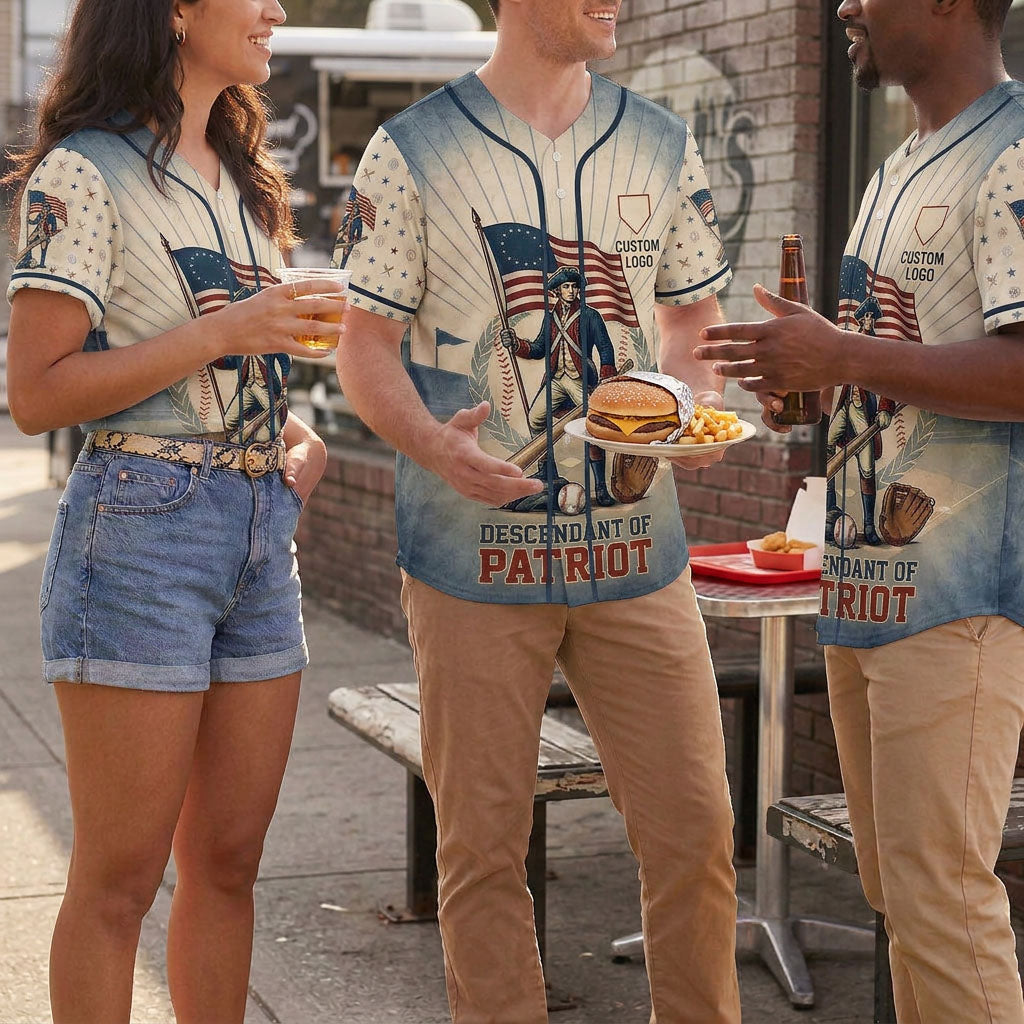 Group of people wearing Descendant of Patriot baseball jerseys outdoors