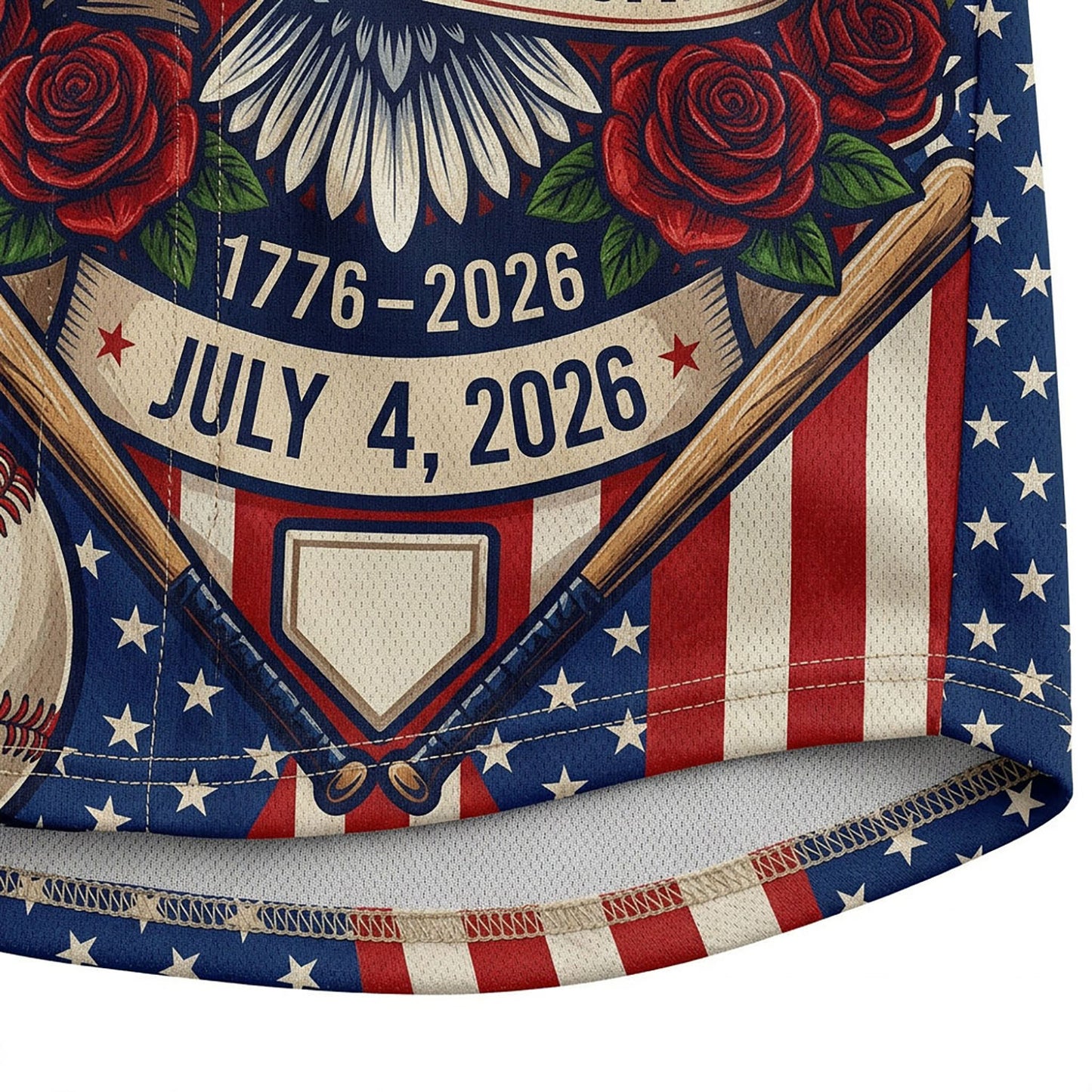 Close-up of high-definition sublimation print showing vibrant red roses and an American eagle on a heritage-style baseball jersey