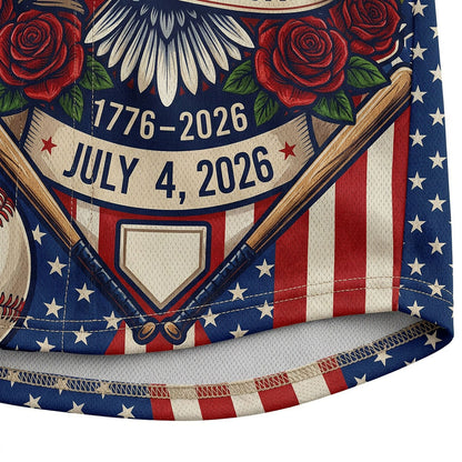 Close-up of high-definition sublimation print showing vibrant red roses and an American eagle on a heritage-style baseball jersey