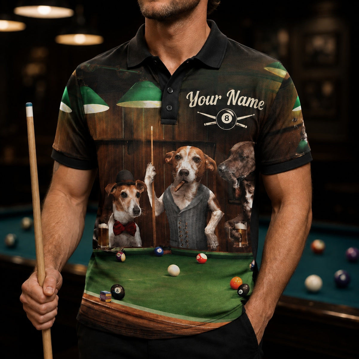Dog Billiards Bar Scene Graphic Personalized Billiard Polo Shirt Front View